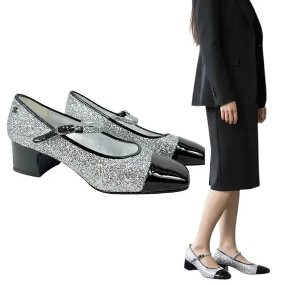 Chanel Glitter Patent Leather Cap Toe Mary Jane Pumps Silver Size 39.5 - Picture 1 of 12